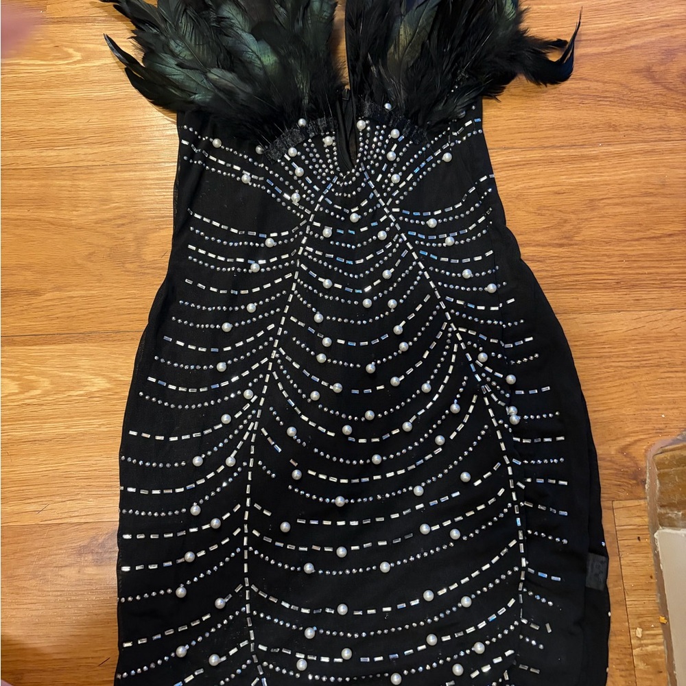 Black Feather-Trimmed Beaded Evening Dress